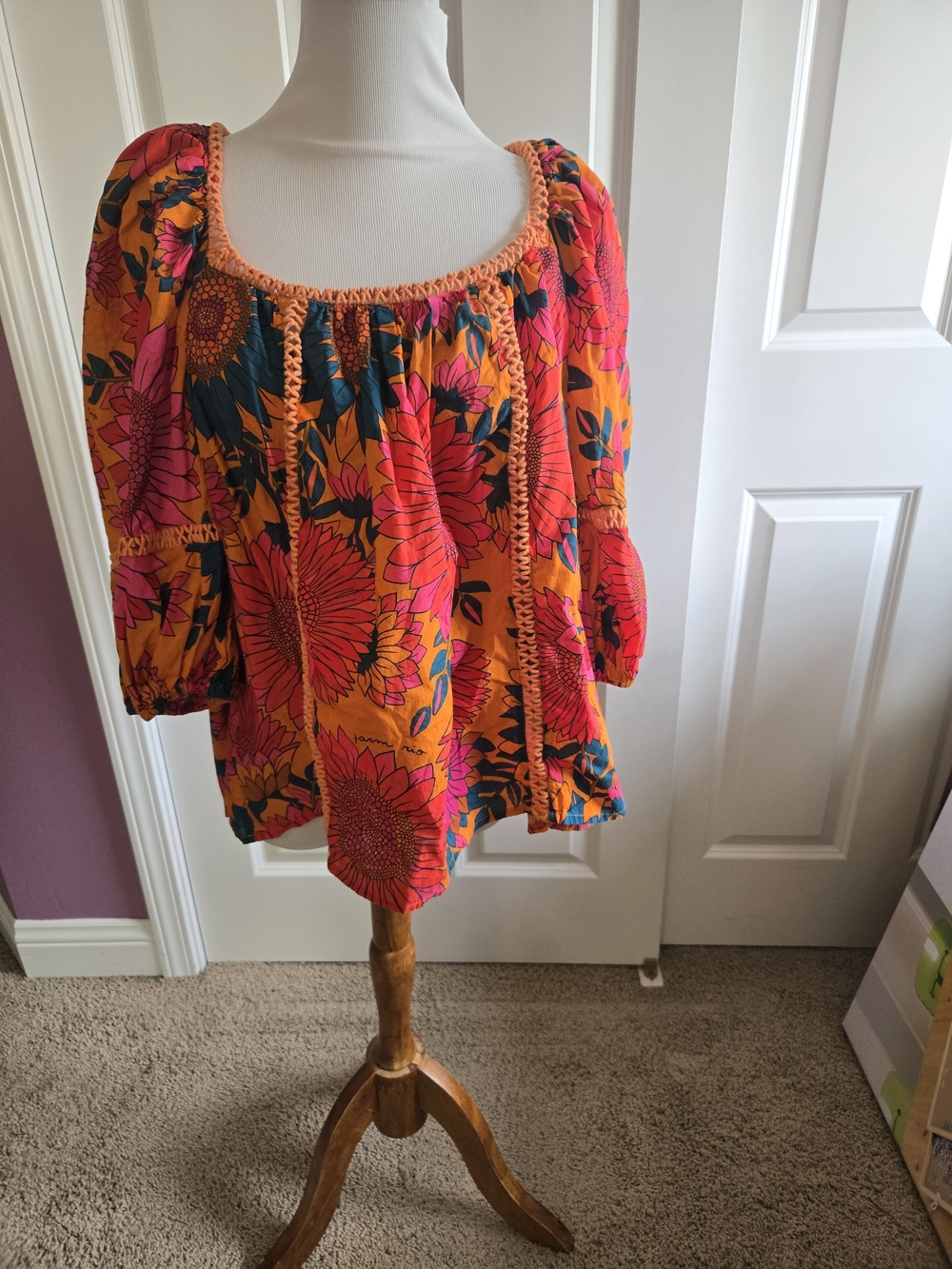 FARM Rio Orange Floral Top with Pink and Teal Accents - Lg Oversized